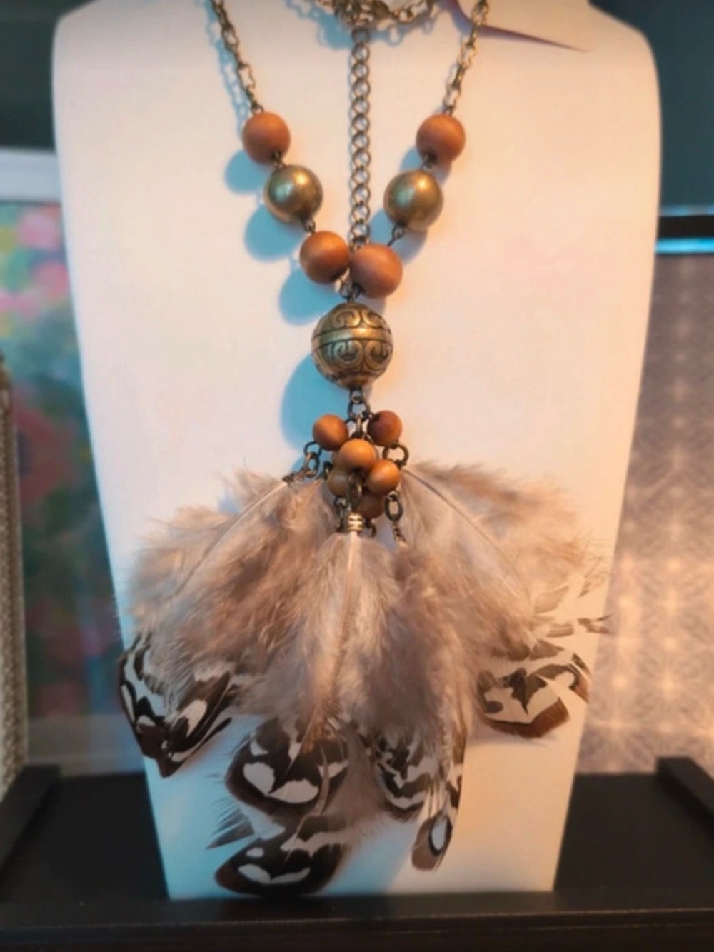 Tan and Gold Feather Tassel Statement Necklace - Women Jewelry